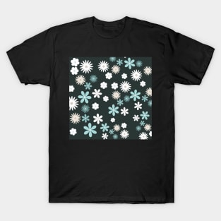 Blue and White Color Flowers Pattern Designs with Black Color Background T-Shirt